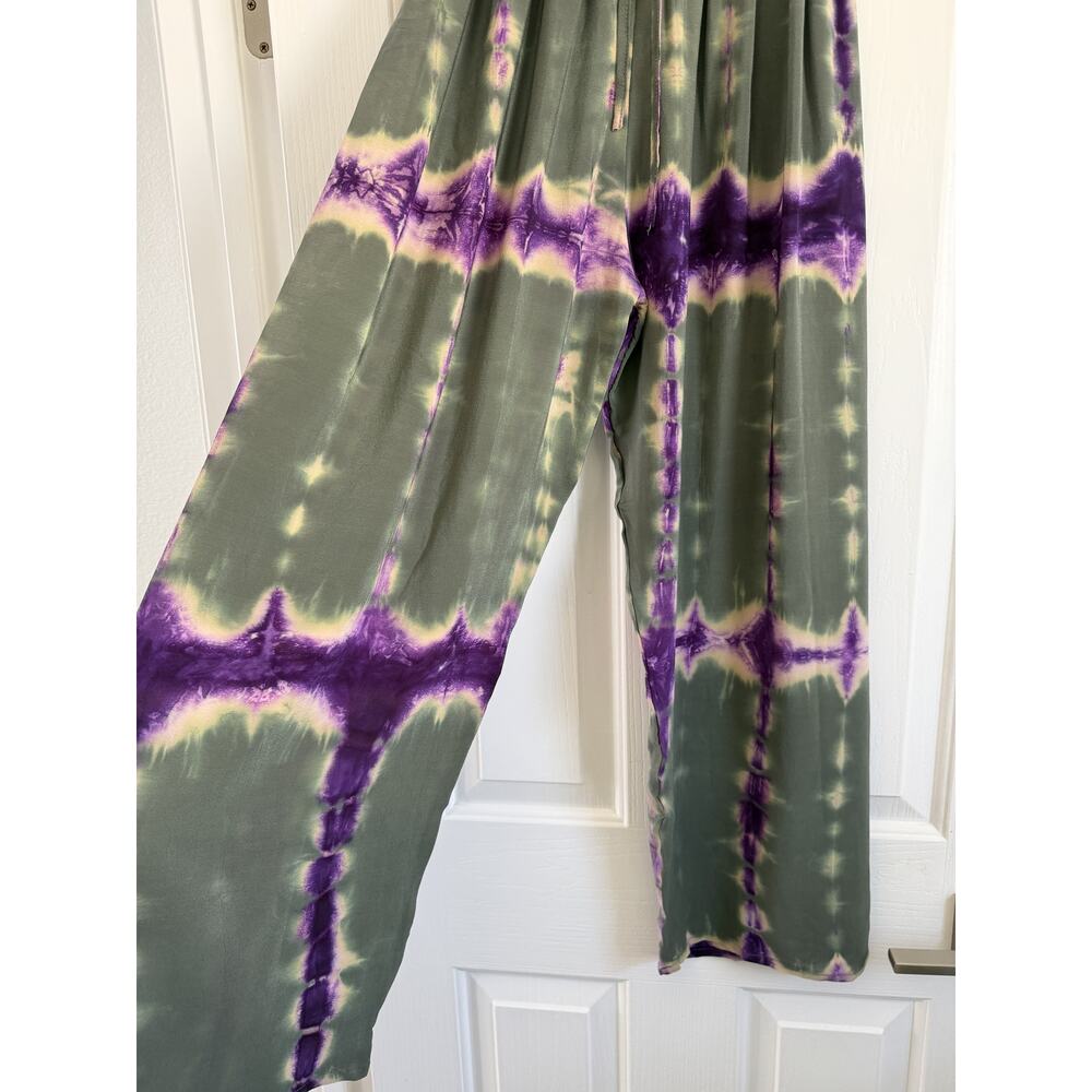 Sunchaser Tie-Dye Wide Leg Lounge Pants Olive Green Purple EUC - Picture 7 of 13
